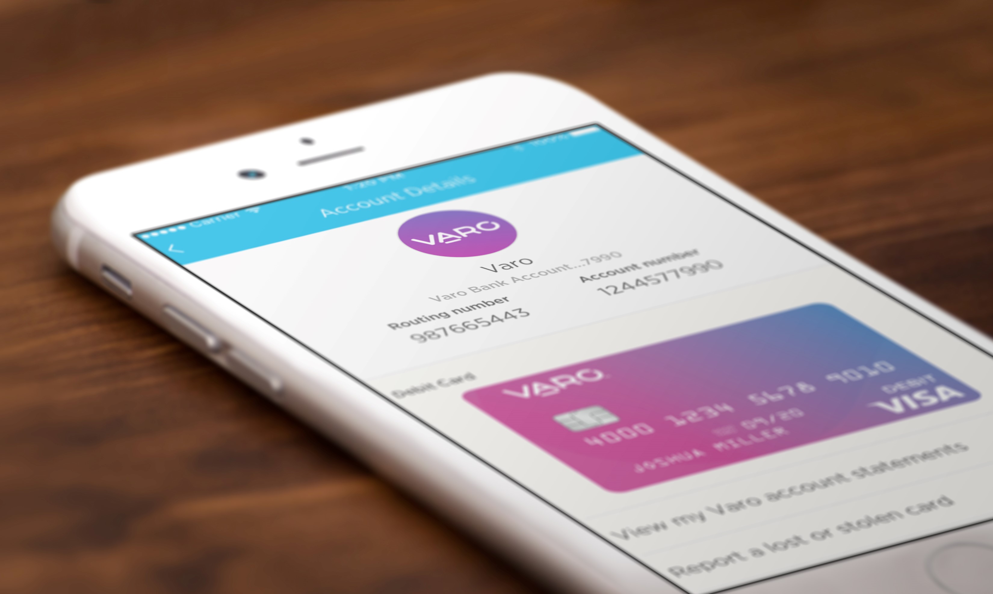 An iPhone displaying Varo Money's user interface.