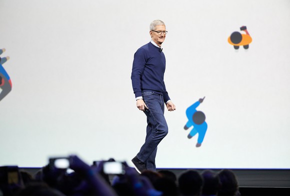 Apple CEO Tim Cook speaking onstage at WWDC 2017.