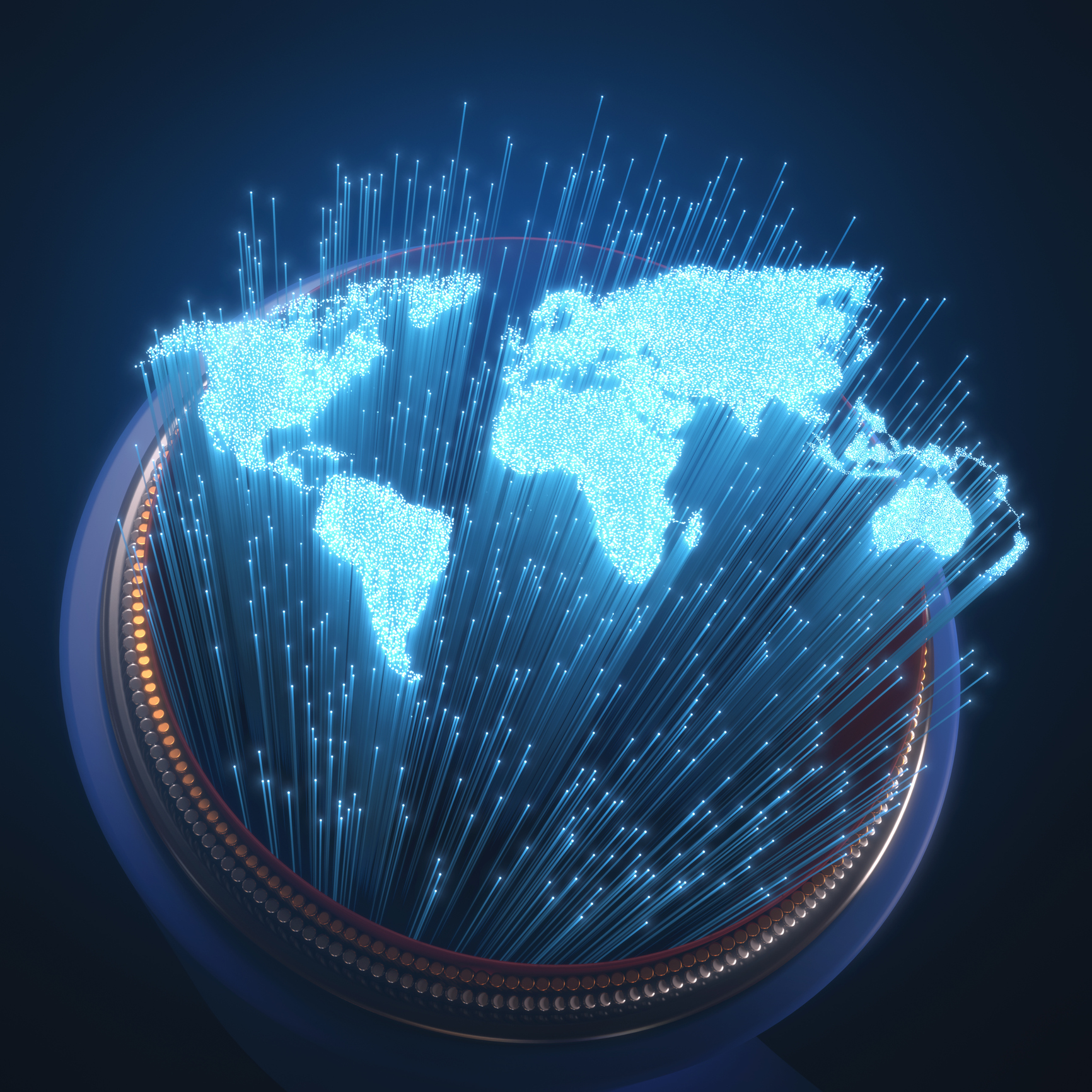 Concept art of the fiber optic Internet connecting the world.