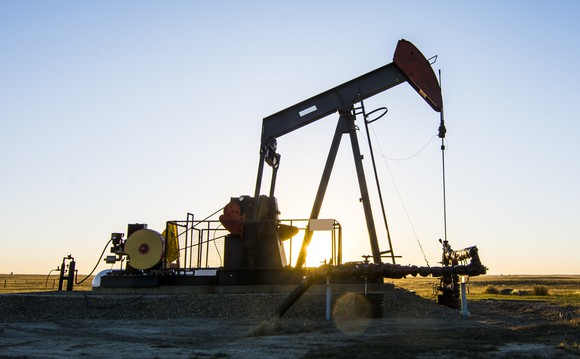 A pump jack at an oil well in Southern Alberta.