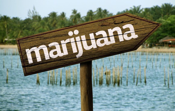 Wooden marijuana sign in front of water