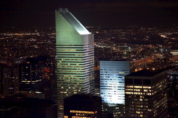 The Citigroup Center in Manhattan, illuminated at night.