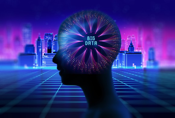 Silhouette of virtual human on retro skyscraper city with words Big Data.