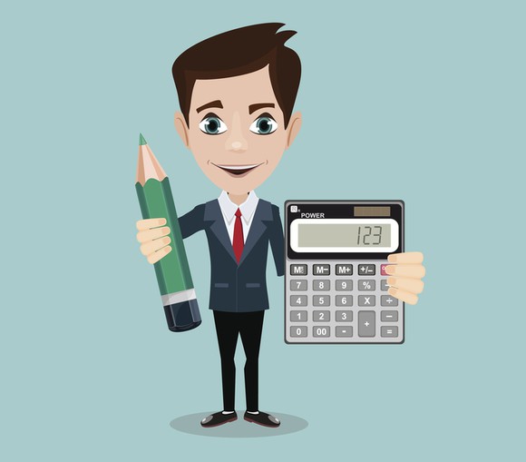 Drawing of an eager accountant in a business suit holding outsized objects: a sharpened green pencil in one hand and a calculator in the other