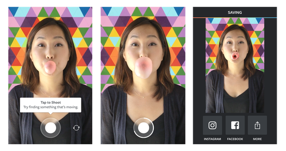 Three images of a young woman blowing and popping a bubble gum bubble.