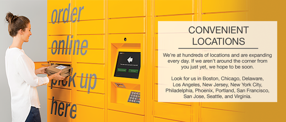 A woman picks up a package from a yellow Amazon Locker.