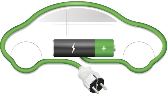 An electrical charging cord outlines the shape of a car. A battery is shown in the car and attached to one end of the cord. Concept for electric cars.