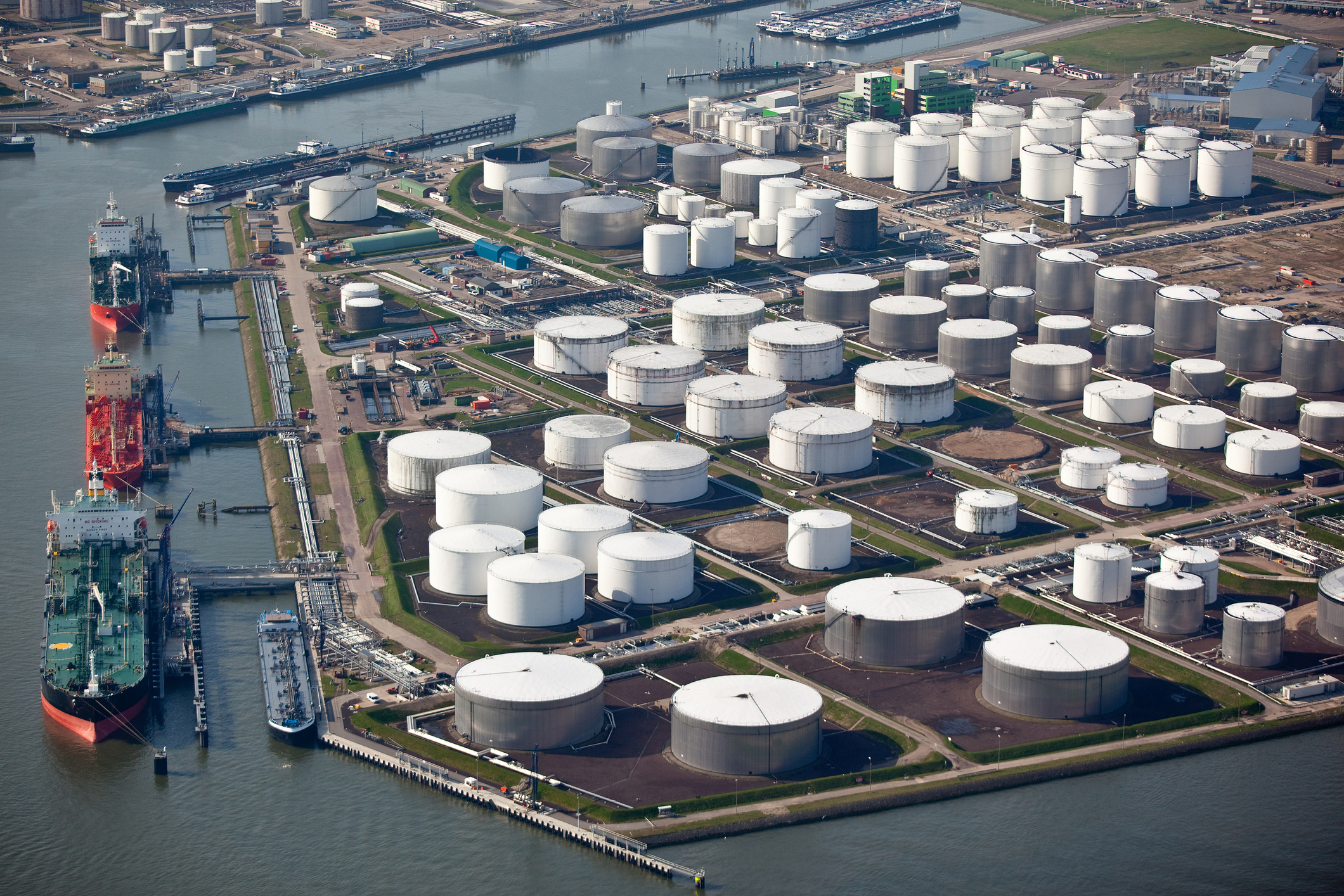 Aerial view of an oil terminal in a harbor.