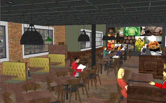computer rendering of kitchen 1883. A brown wood-colored interior with pitcures of fresh produce hung on the back.
