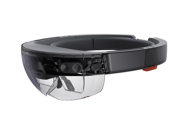 The Microsoft HoloLens, which looks like a helmet with a crown. The big goggle-like display sits on a headband to allow the device to be worn by users in a variety of applications.