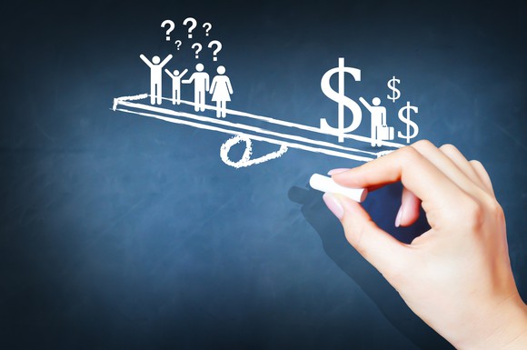 A chalkboard drawing of a wealthy stick figure having all the cash, while a family at the other end questions why it has none.