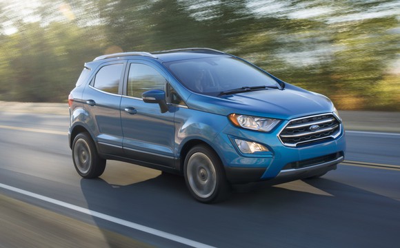 A blue 2018 Ford EcoSport, a small SUV.