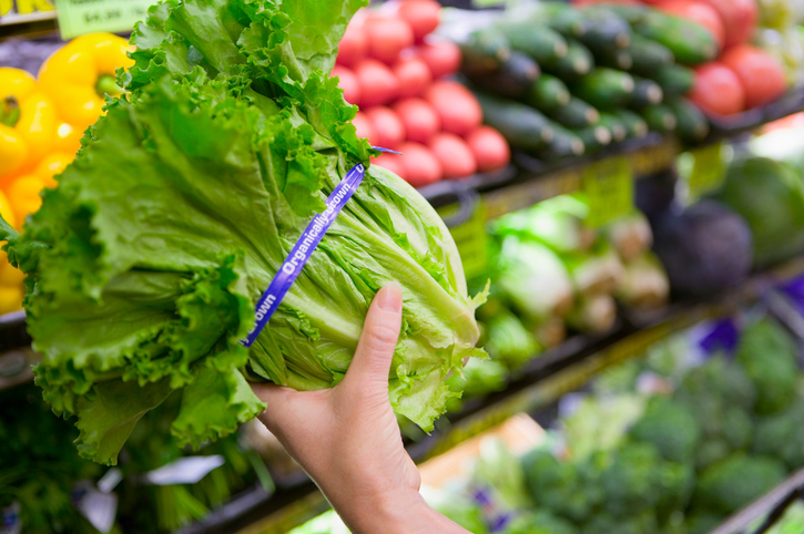 Close-up of hand holding organic lettuce in the produce section of a grocery store.