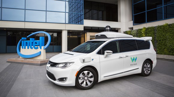 Image of minivan sitting in front of Intel's offices.