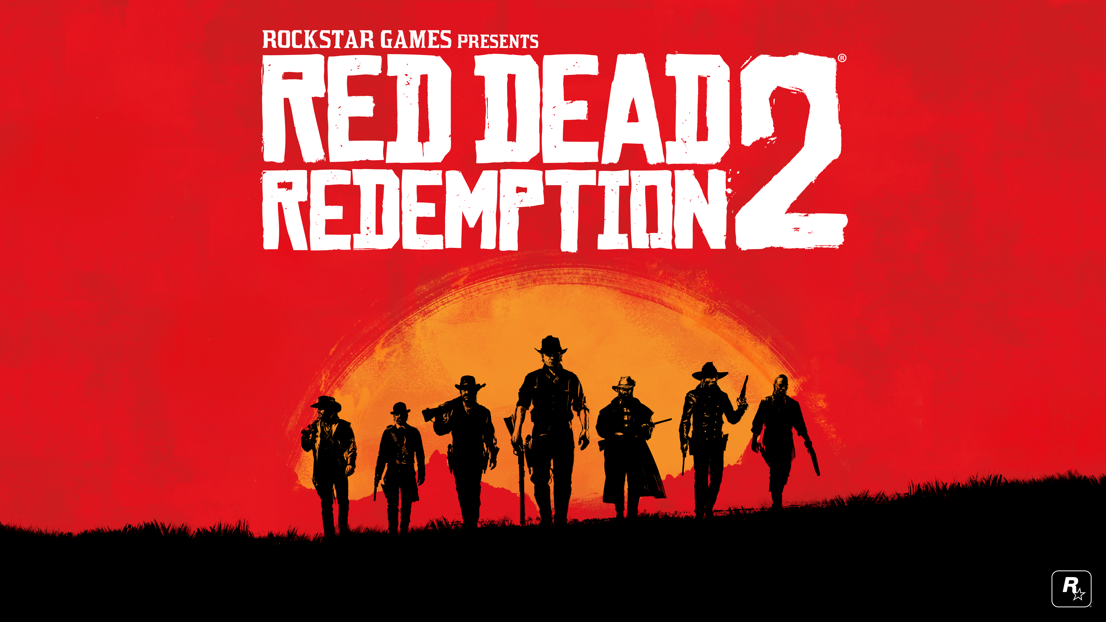 Take Two's Red Dead Redemption 2 game art depicting cowboy characters holding guns and walking against a sunset background.