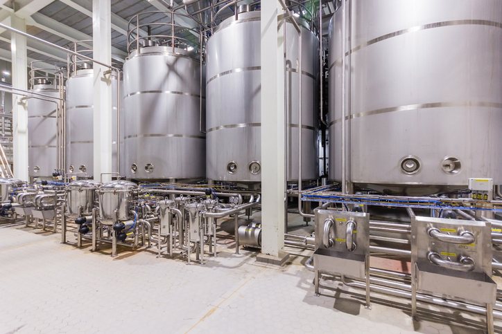Stainless steel equipment at a manufacturing facility.