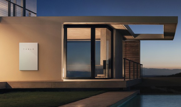 Powerwall on the outside wall of a home.