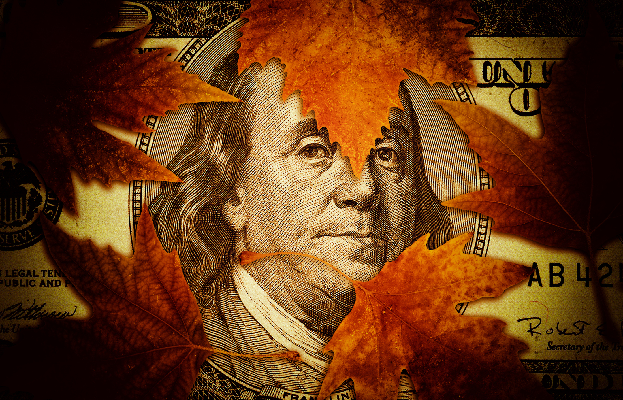 Leaves on top of $100 bill