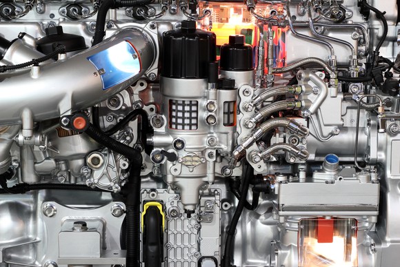 The inside of a diesel engine for a truck.