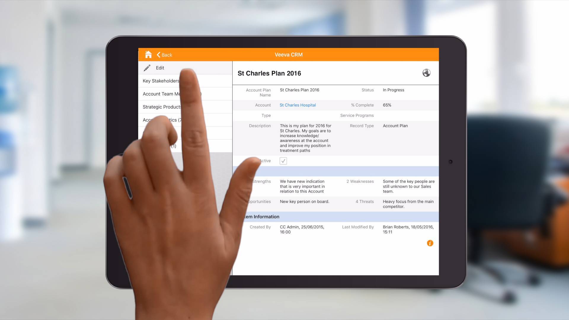 A view of Veeva CRM from a customer's tablet.