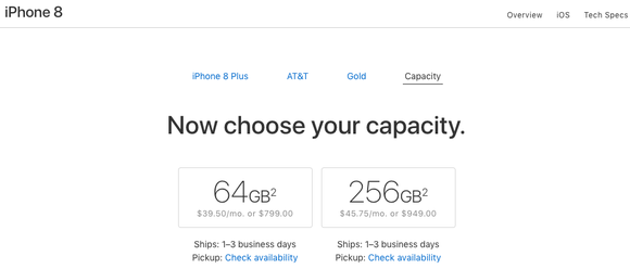 A pre-order screen from Sept. 25 showing availability to ship new iPhone 8 Plus orders in as little as a day.