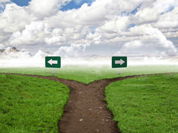 Fork in a dirt road with surrounding grass and low lyin clouds and signs pointing both ways