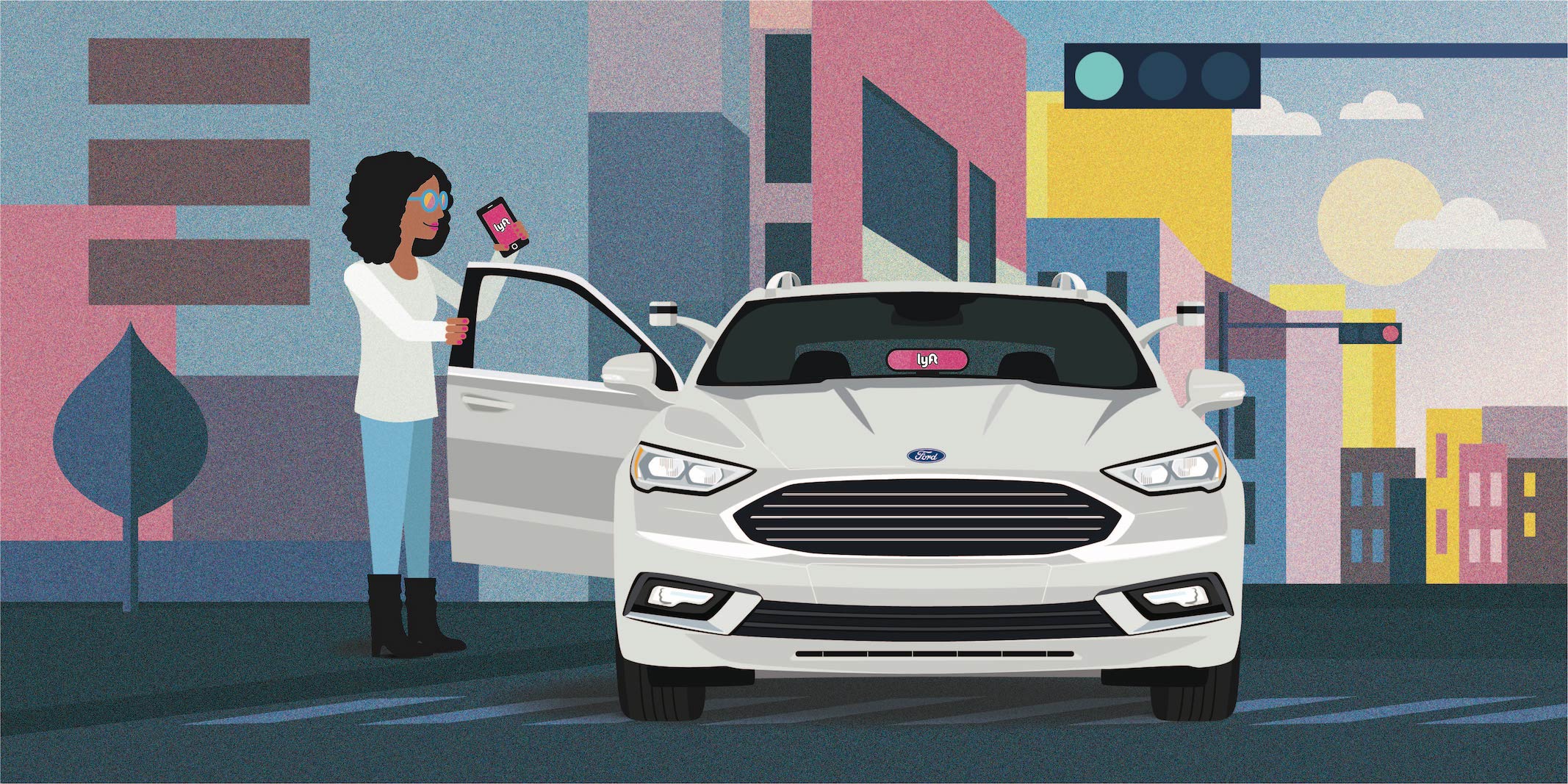 A cartoon image showing a self-driving Ford Fusion picking up a Lyft customer on a city street.
