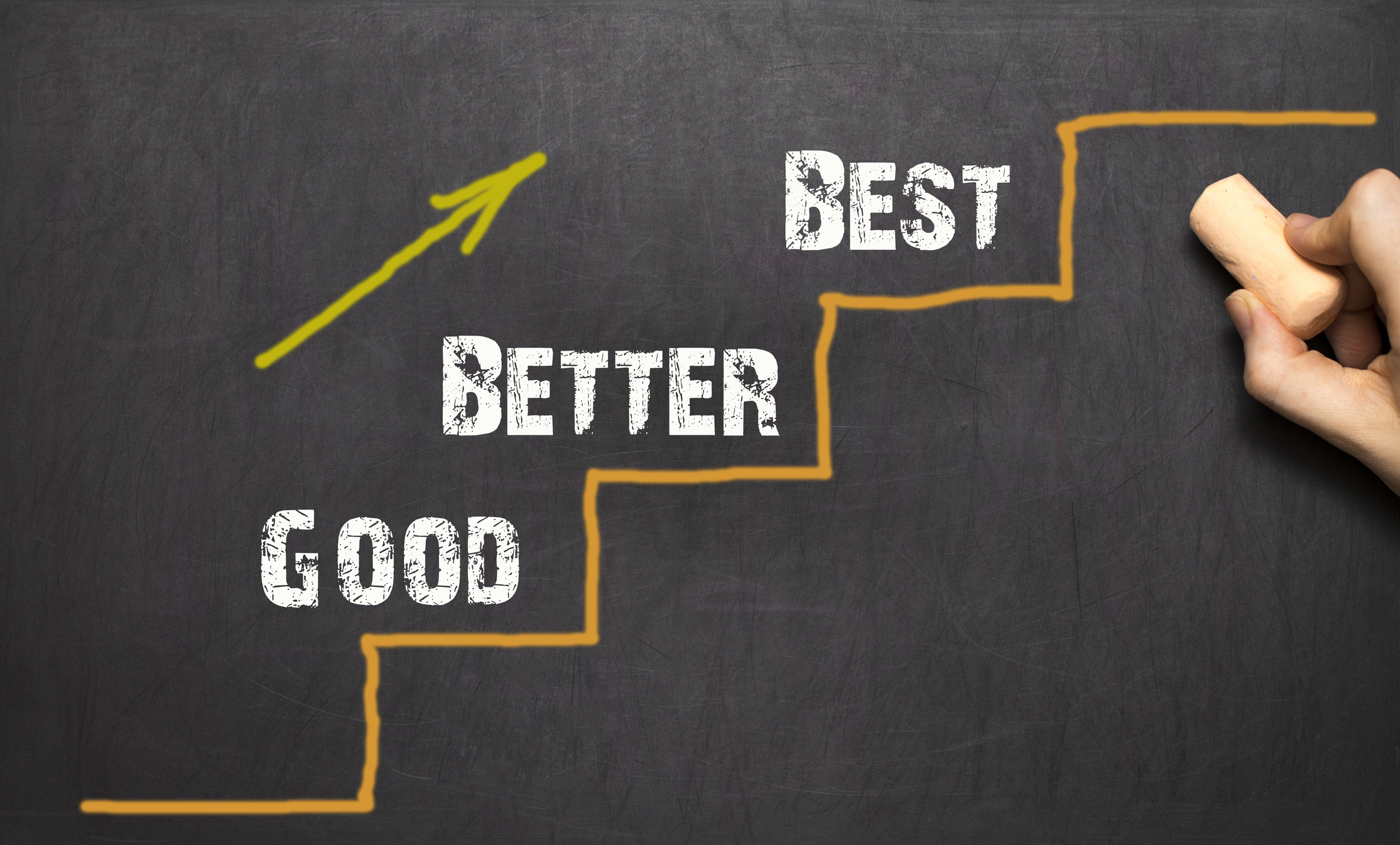 The words "good," "better," and "best" written on ascending steps drawn on chalkboard.