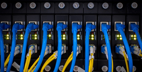 Networking switch with cables plugged in