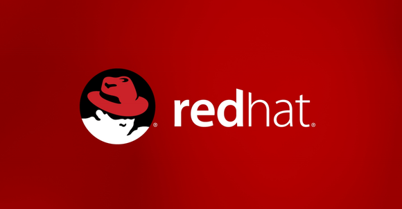 Red Hat's logo, white text on a deep red base.