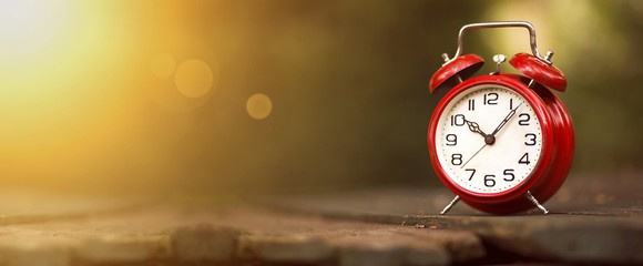 An alarm clock on a picnic bench