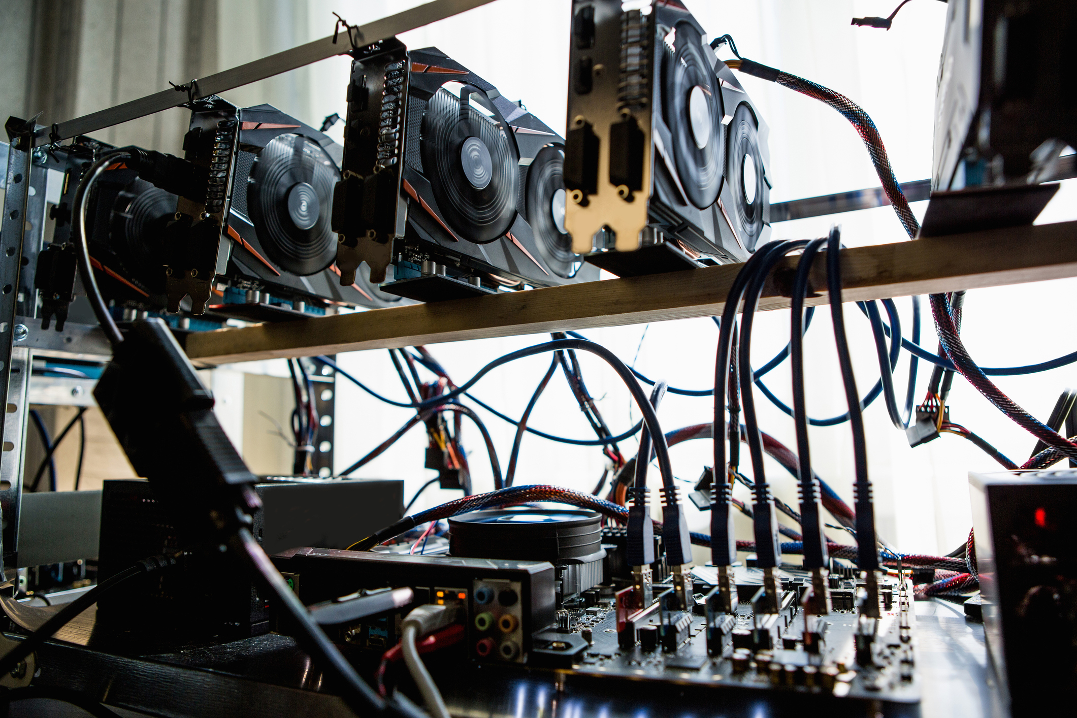 Hard drives set up for mining cryptocurrencies. 