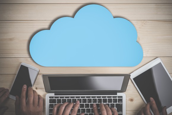 A smartphone, laptop, and tablet under an image of a cloud.