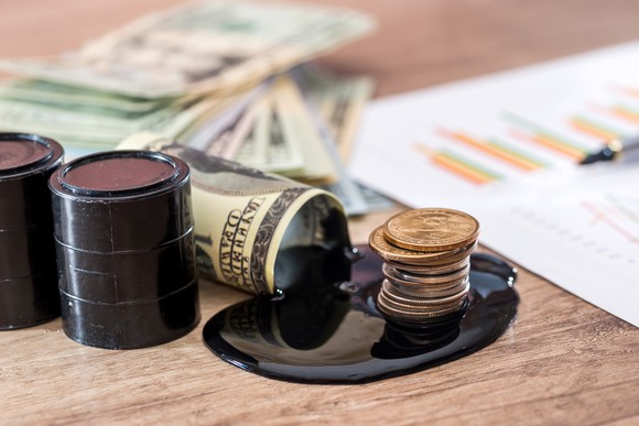 Bills and a stack of pennies sit on a desk with a chart, tiny oil drums, and a pool of black liquid.