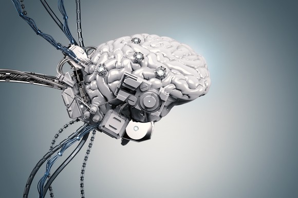 A brain hooked up to wires.