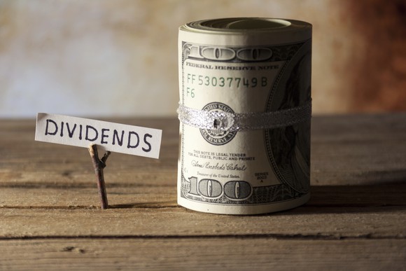 Roll of 100 dollar bills with a sign reading, "dividends."