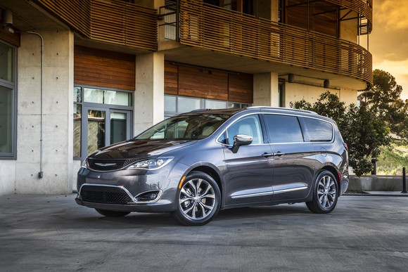 A dark silver Chrysler Pacifica minivan parked in front of a stylish wood-and-concrete building.