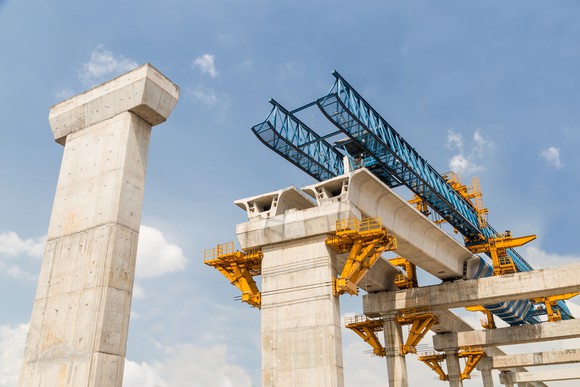 Pylons for a bridge, featuring lots of steel, under construction.