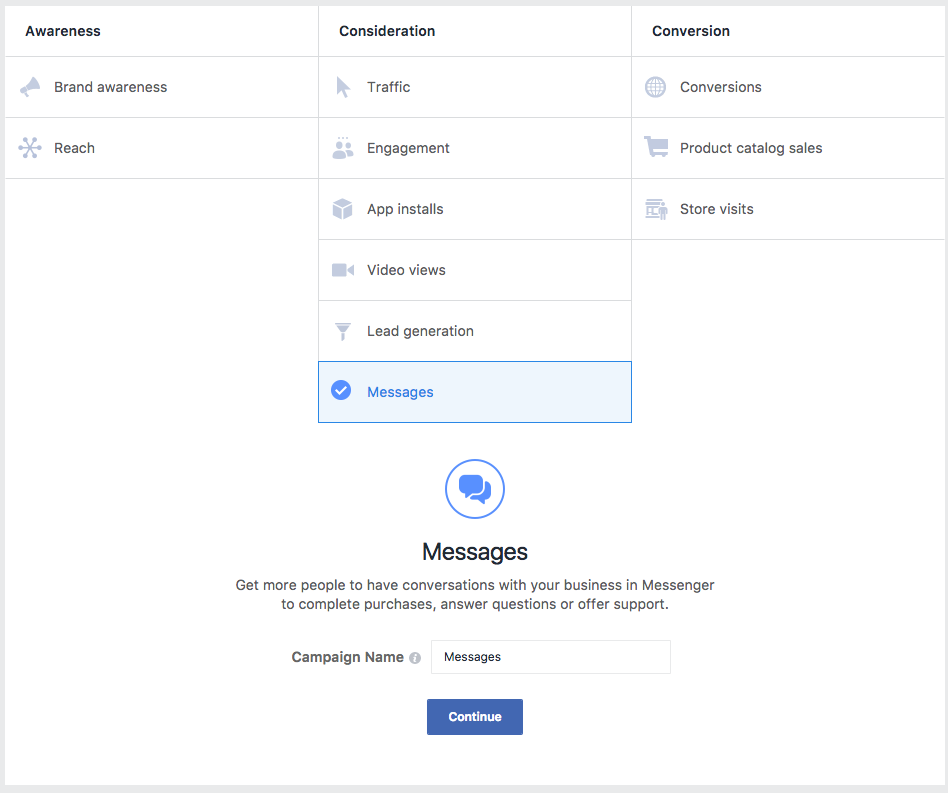 Dropdown box allows marketers to choose "Messages" as the primary purpose for their advertisement.