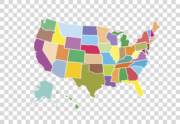 Map of the United States, showing the 50 states in different colors