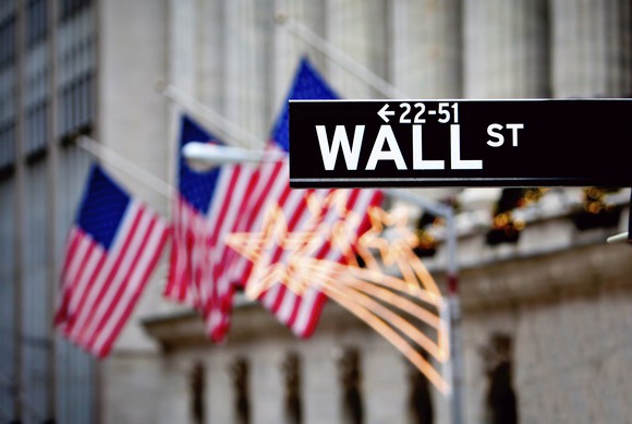 A sign for Wall Street, with the New York Stock Exchange in the background.