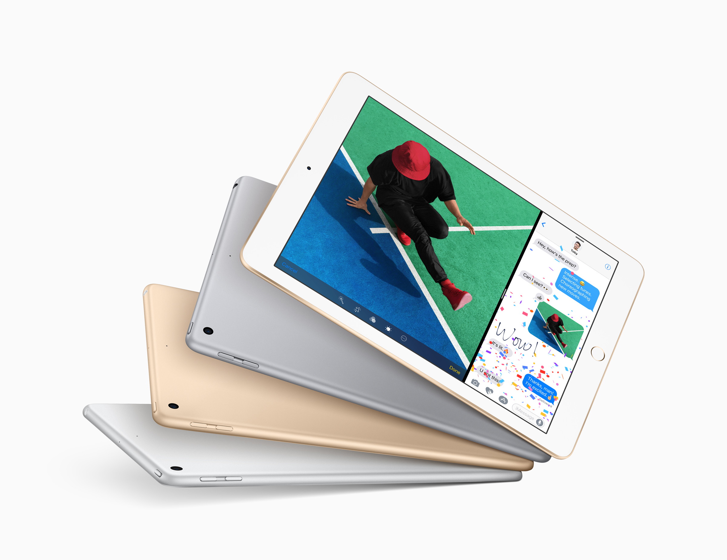 Four iPads fanned out like cards; the top one is showing an image of a person.