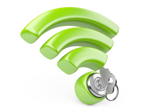 A green 3D version of the official Wi-Fi logo with a silver lock and key incorporated in the dot at the base.