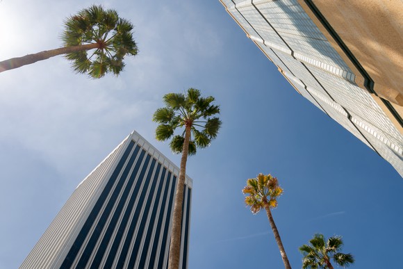 Looking up at the Bank of America Plaza in Los Angeles, California.