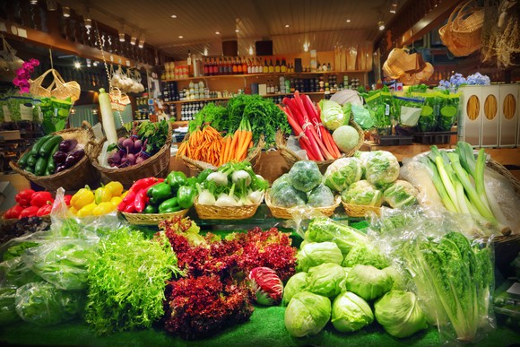 An assortment of vegetables and produce at a grocery store