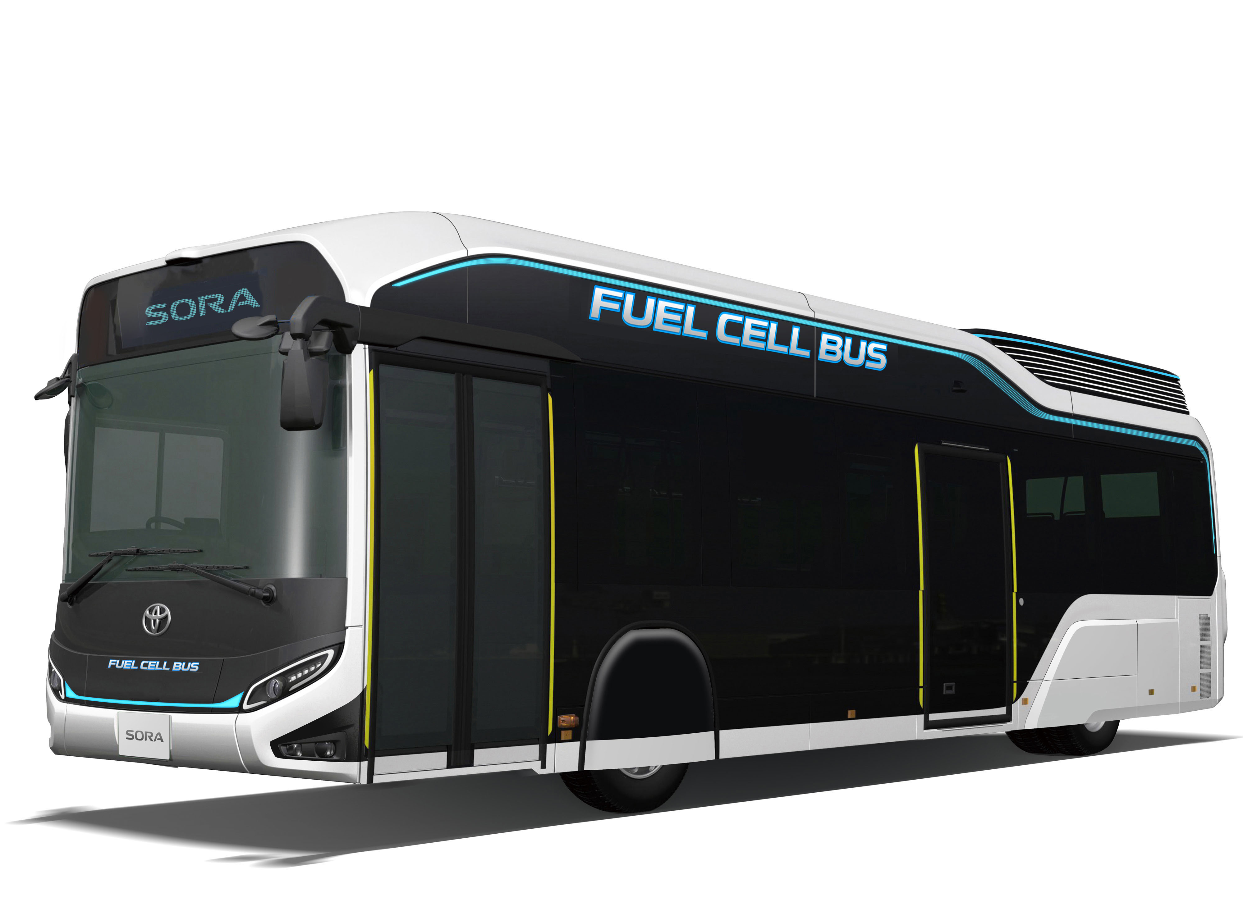 The Toyota Sora, a streamlined black and white city bus.