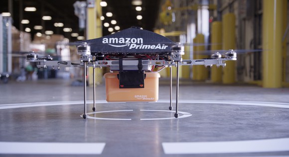 An Amazon PrimeAir package-delivery drone
