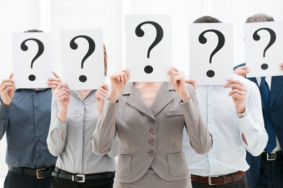 five businesspeople, each holding a white paper in front of their face with a big question mark on it