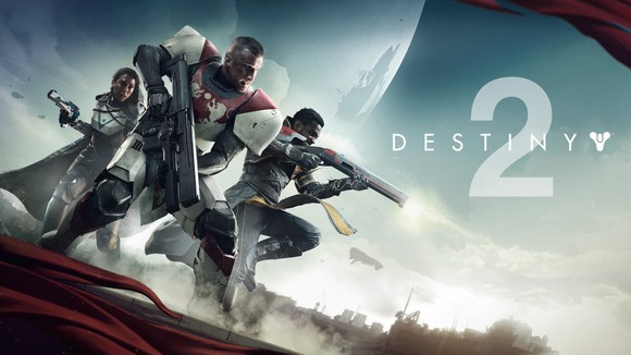 Game box art of Activision's Destiny 2 featuring three characters holding weapons while in combat.
