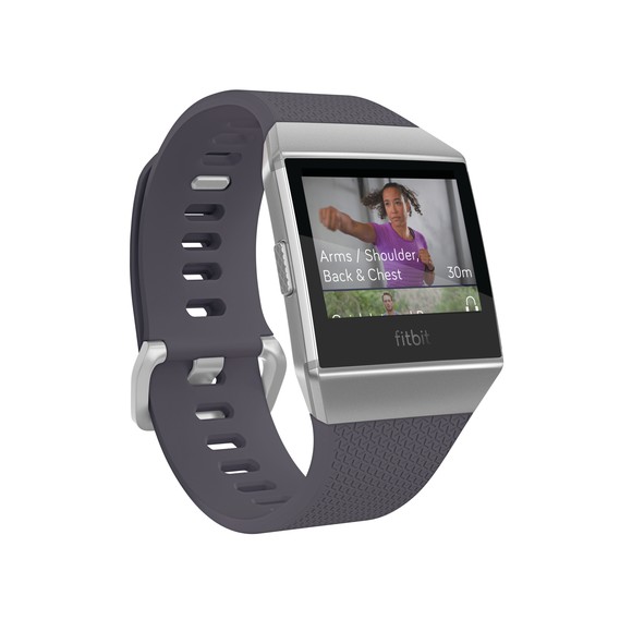 Fitbit Ionic watch with Fitbit Coach exercise video shown on face.